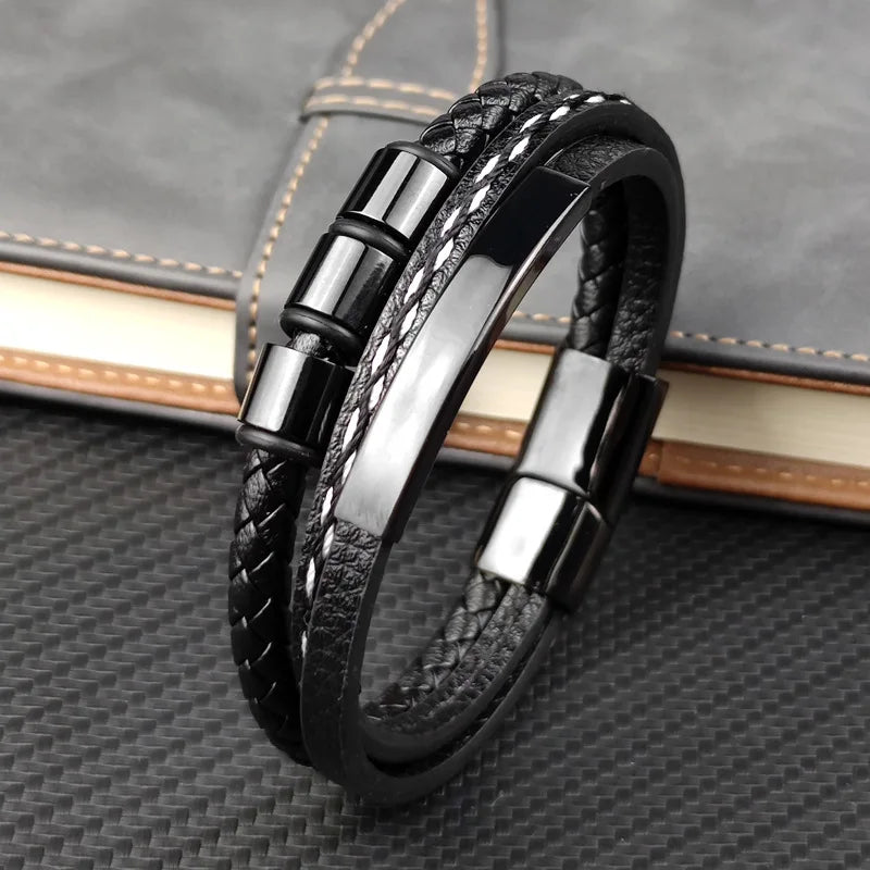 Bracelet en corde de cuir pour hommes, gravure personnalisée, cadeau de fête des pères, cadeau de noël pour petit ami mari, bijoux à breloques avec nom personnalisé