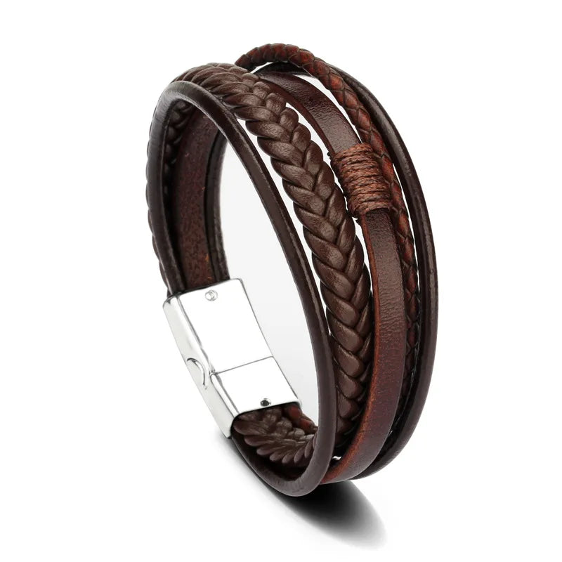 Bracelets en cuir pour hommes, en acier inoxydable, multicouches, en corde tressée, bijoux cadeaux, 21CM