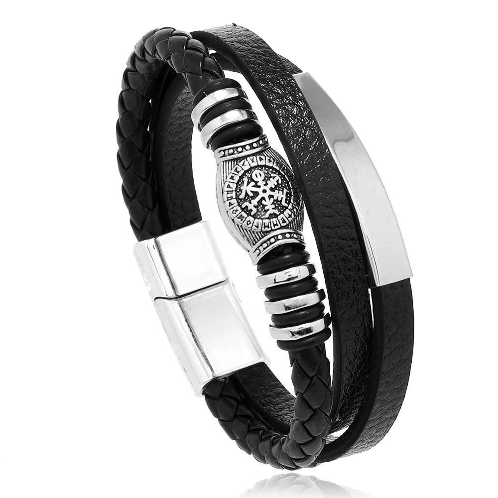 Bracelets en cuir pour hommes, en acier inoxydable, multicouches, en corde tressée, bijoux cadeaux, 21CM