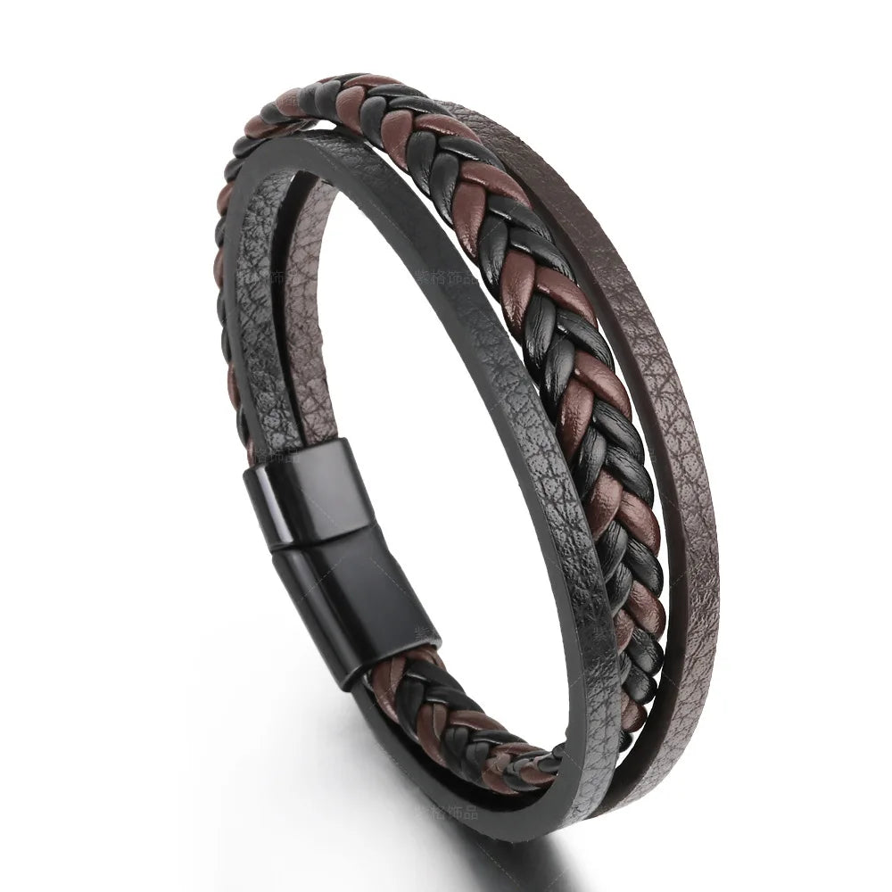 Bracelets en cuir pour hommes, en acier inoxydable, multicouches, en corde tressée, bijoux cadeaux, 21CM