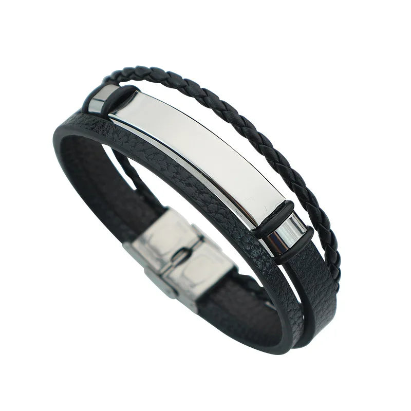Punk texte personnalisé 3 bandes Bracelets en cuir graver logo nom Bracelet en acier inoxydable pour femmes hommes Lot de gros