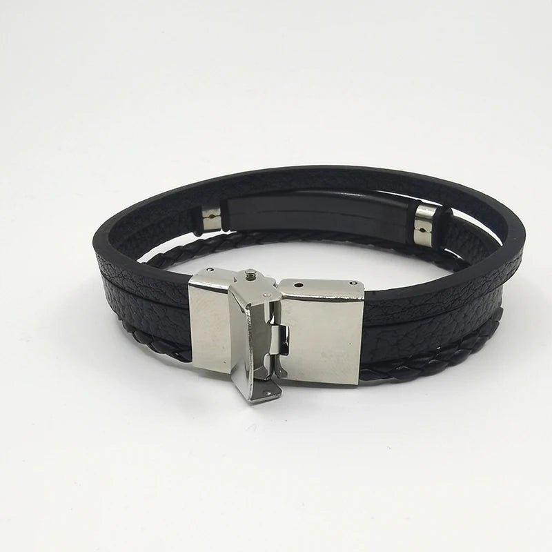 Punk texte personnalisé 3 bandes Bracelets en cuir graver logo nom Bracelet en acier inoxydable pour femmes hommes Lot de gros