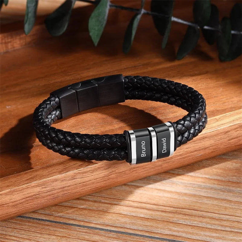 Bracelets avec nom personnalisé pour hommes, en cuir, avec noms de famille de 1 à 5 noms, cadeaux personnalisés, bijoux pour papa, mari, fils