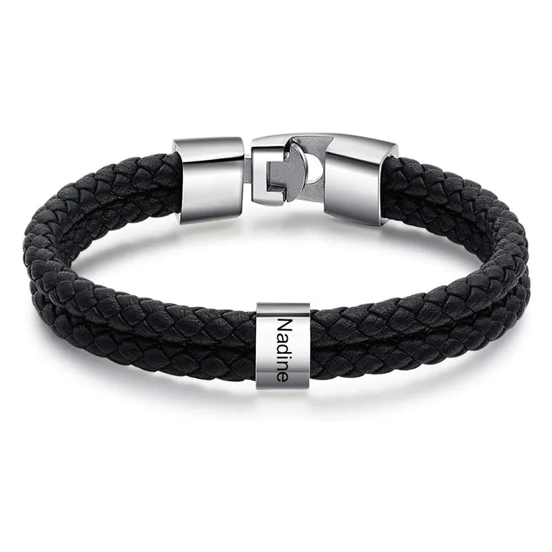 Bracelets avec nom personnalisé pour hommes, en cuir, avec noms de famille de 1 à 5 noms, cadeaux personnalisés, bijoux pour papa, mari, fils