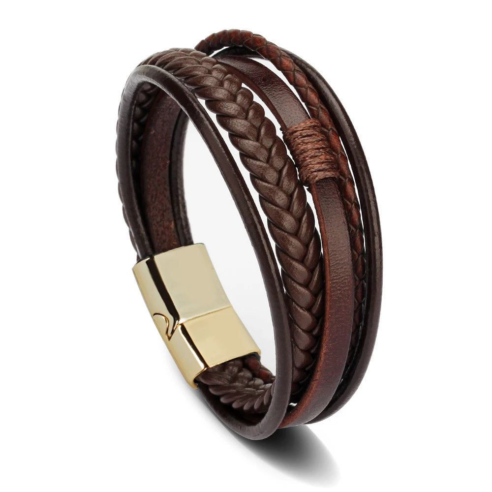 Bracelets en cuir pour hommes, en acier inoxydable, multicouches, en corde tressée, bijoux cadeaux, 21CM