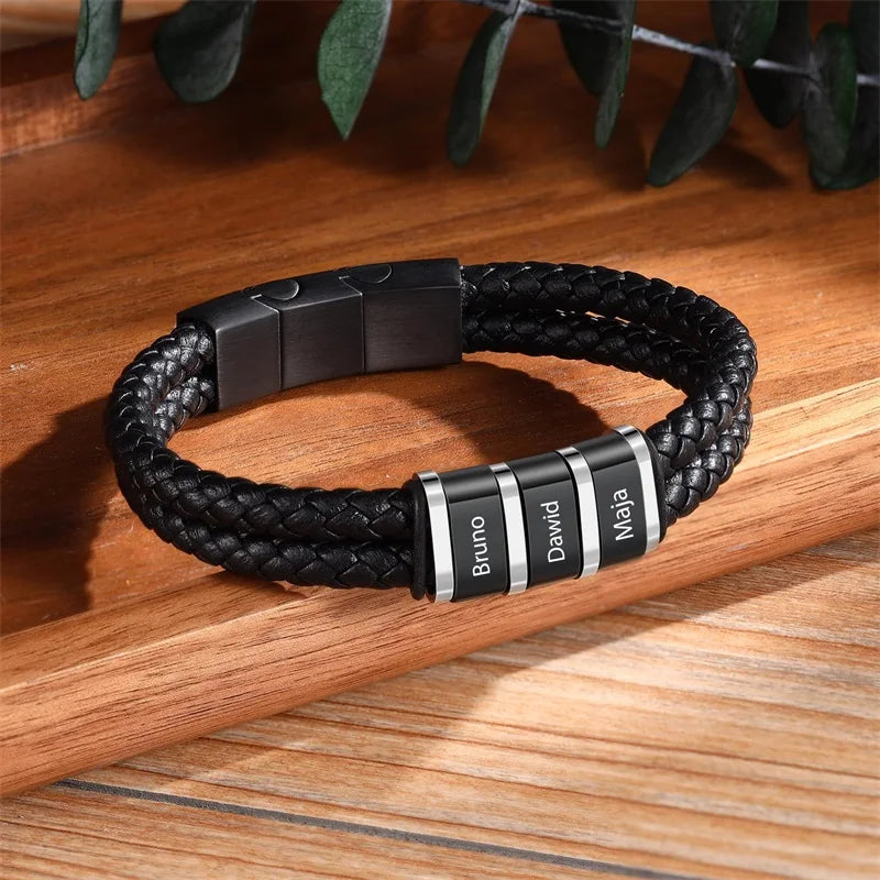 Bracelets avec nom personnalisé pour hommes, en cuir, avec noms de famille de 1 à 5 noms, cadeaux personnalisés, bijoux pour papa, mari, fils