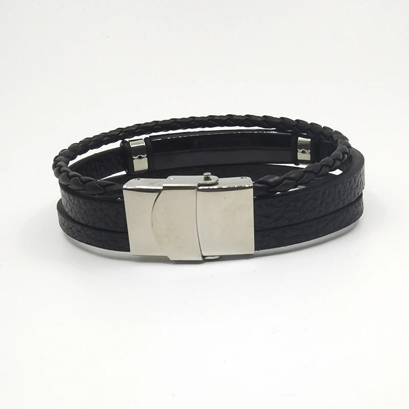 Punk texte personnalisé 3 bandes Bracelets en cuir graver logo nom Bracelet en acier inoxydable pour femmes hommes Lot de gros