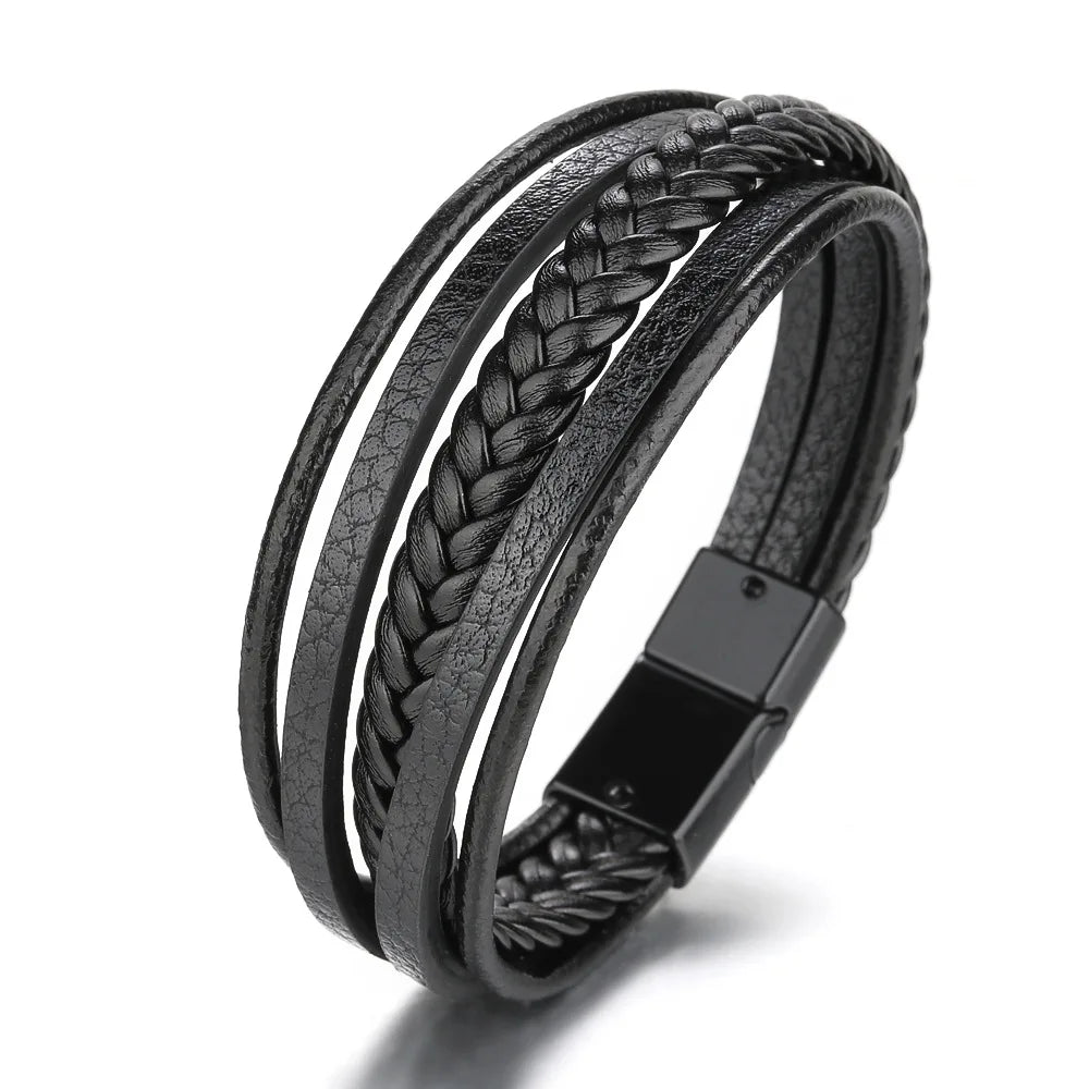 Bracelets en cuir pour hommes, en acier inoxydable, multicouches, en corde tressée, bijoux cadeaux, 21CM