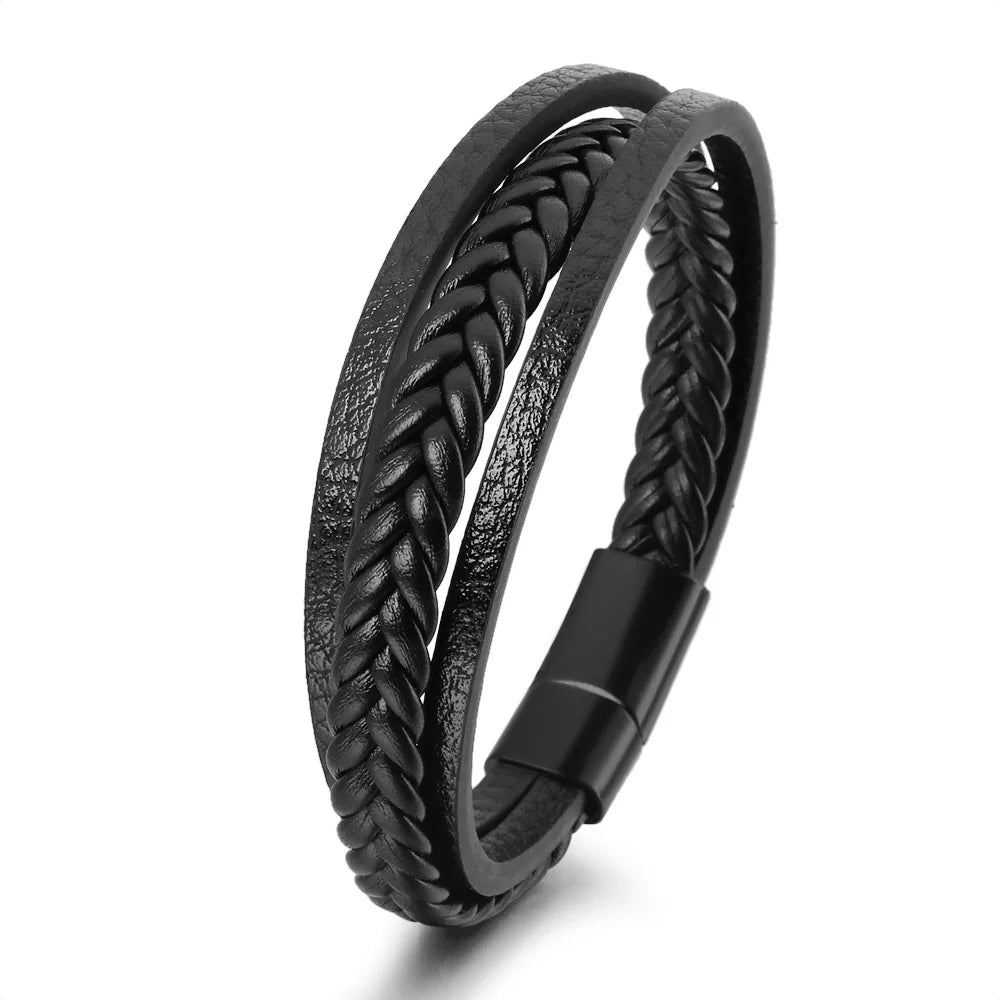 Bracelets en cuir pour hommes, en acier inoxydable, multicouches, en corde tressée, bijoux cadeaux, 21CM