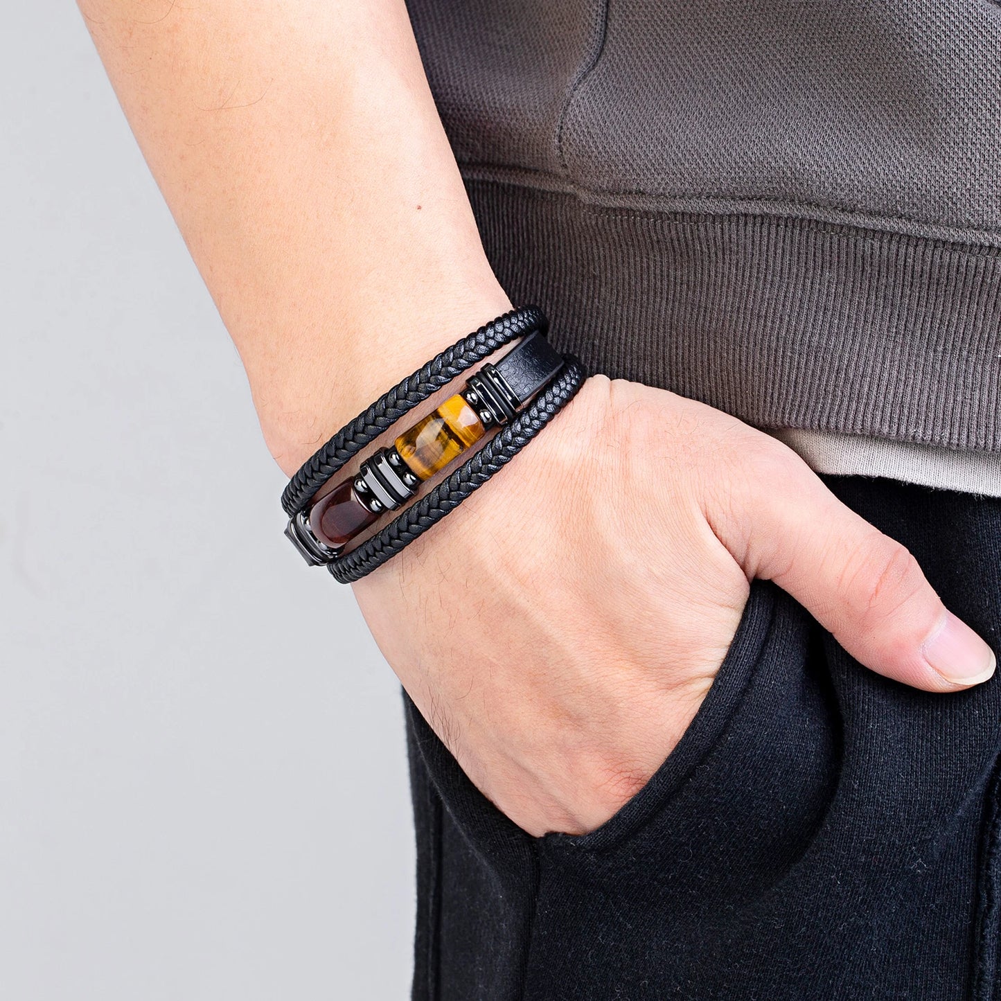 Bracelet cuir Homme "DOUBLE STONE"