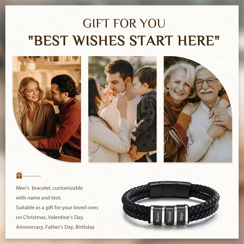 Bracelets avec nom personnalisé pour hommes, en cuir, avec noms de famille de 1 à 5 noms, cadeaux personnalisés, bijoux pour papa, mari, fils