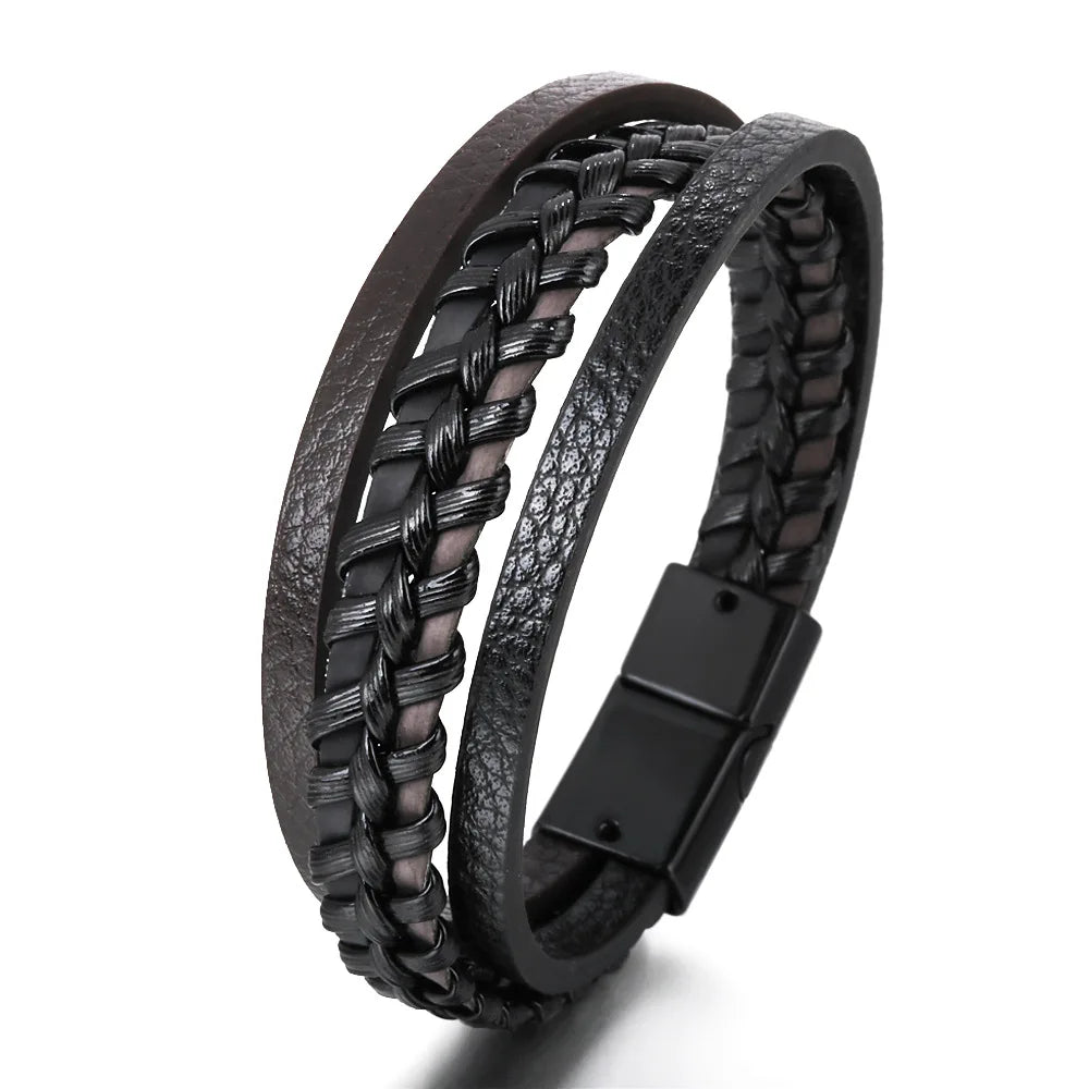 Bracelets en cuir pour hommes, en acier inoxydable, multicouches, en corde tressée, bijoux cadeaux, 21CM