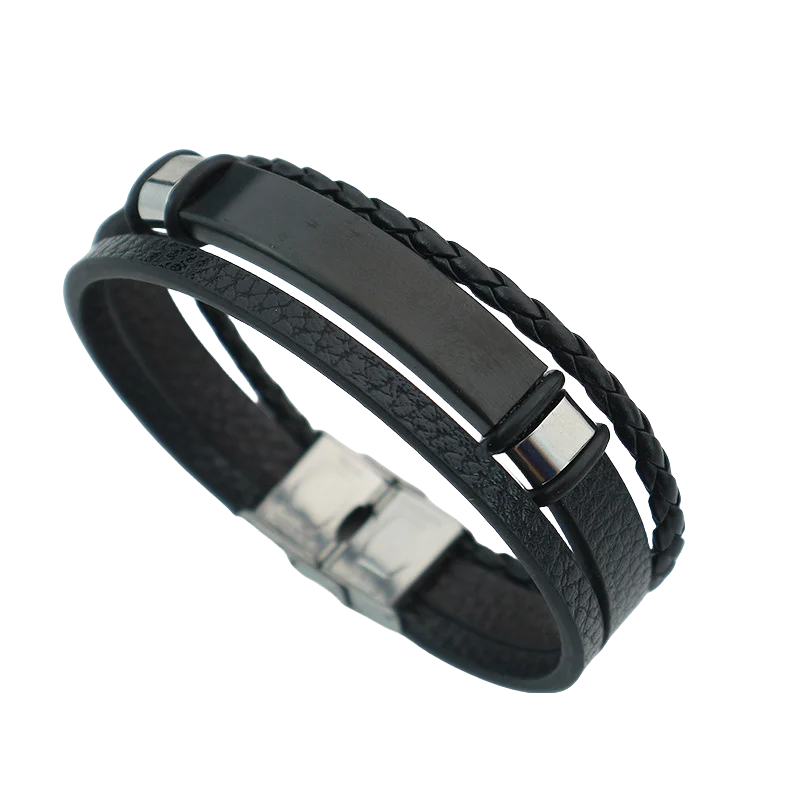 Punk texte personnalisé 3 bandes Bracelets en cuir graver logo nom Bracelet en acier inoxydable pour femmes hommes Lot de gros