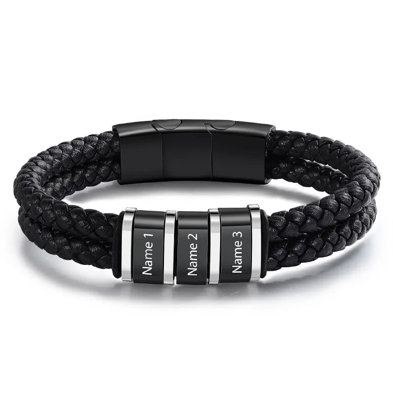 Bracelets avec nom personnalisé pour hommes, en cuir, avec noms de famille de 1 à 5 noms, cadeaux personnalisés, bijoux pour papa, mari, fils