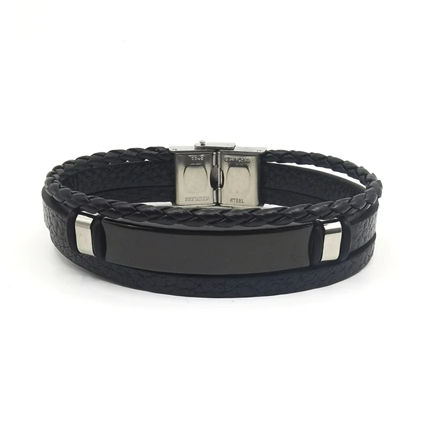 Punk texte personnalisé 3 bandes Bracelets en cuir graver logo nom Bracelet en acier inoxydable pour femmes hommes Lot de gros
