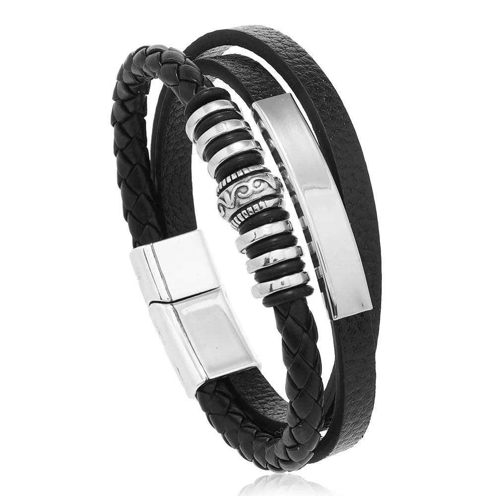 Bracelets en cuir pour hommes, en acier inoxydable, multicouches, en corde tressée, bijoux cadeaux, 21CM