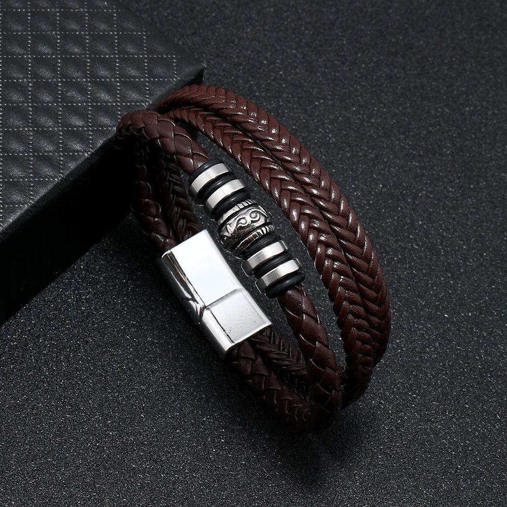 Bracelets en cuir pour hommes, en acier inoxydable, multicouches, en corde tressée, bijoux cadeaux, 21CM