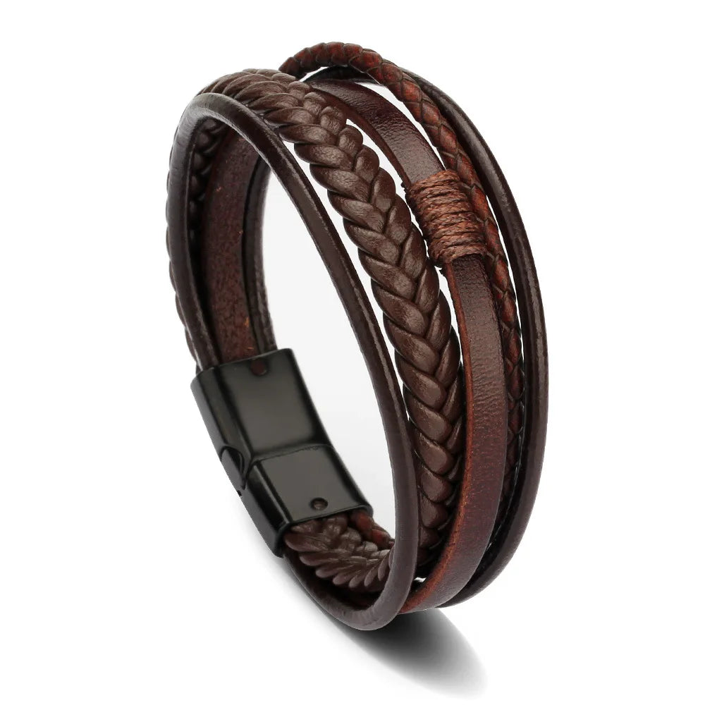 Bracelets en cuir pour hommes, en acier inoxydable, multicouches, en corde tressée, bijoux cadeaux, 21CM