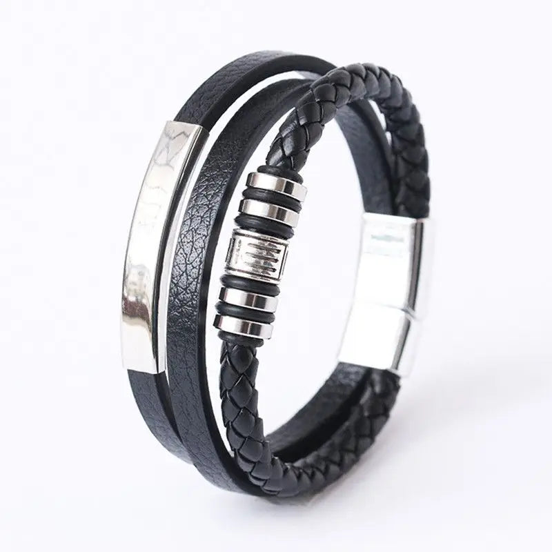 Bracelets en cuir pour hommes, en acier inoxydable, multicouches, en corde tressée, bijoux cadeaux, 21CM