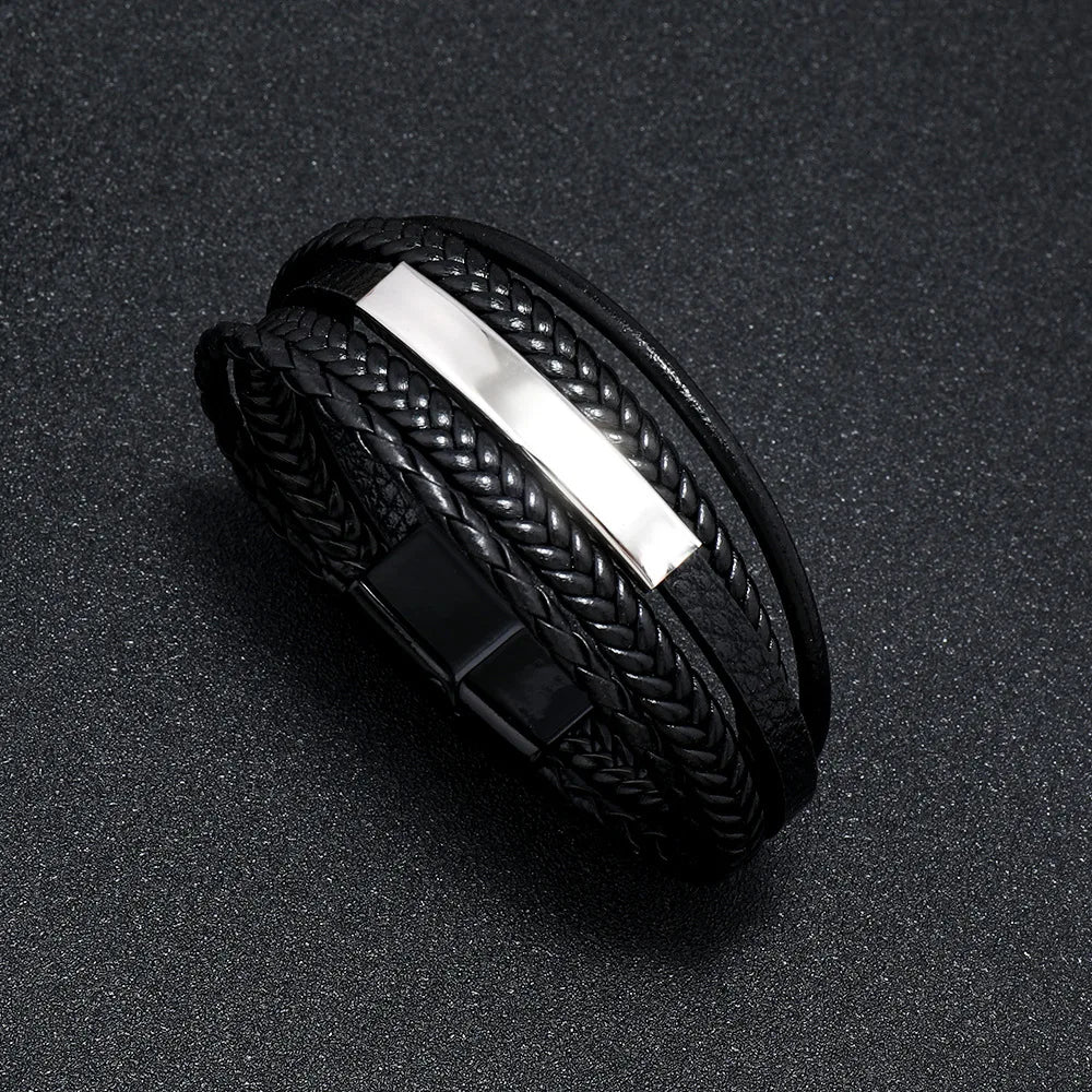 Bracelets en cuir pour hommes, en acier inoxydable, multicouches, en corde tressée, bijoux cadeaux, 21CM