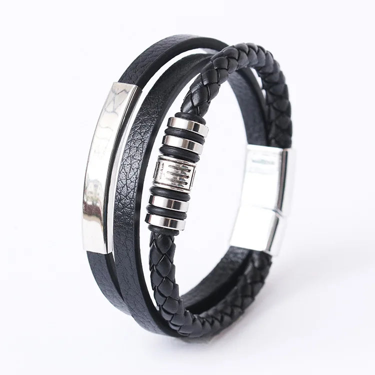 Bracelets en cuir pour hommes, en acier inoxydable, multicouches, en corde tressée, bijoux cadeaux, 21CM