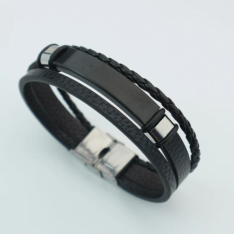 Punk texte personnalisé 3 bandes Bracelets en cuir graver logo nom Bracelet en acier inoxydable pour femmes hommes Lot de gros