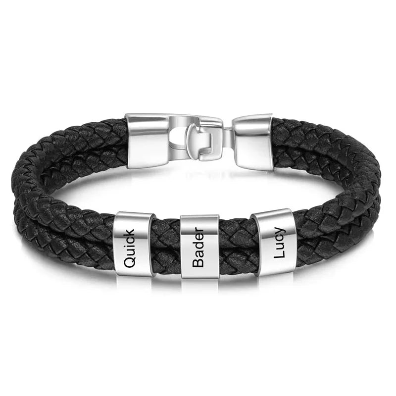 Bracelets avec nom personnalisé pour hommes, en cuir, avec noms de famille de 1 à 5 noms, cadeaux personnalisés, bijoux pour papa, mari, fils