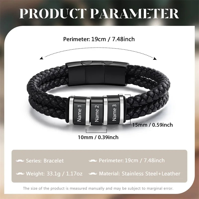 Bracelets avec nom personnalisé pour hommes, en cuir, avec noms de famille de 1 à 5 noms, cadeaux personnalisés, bijoux pour papa, mari, fils