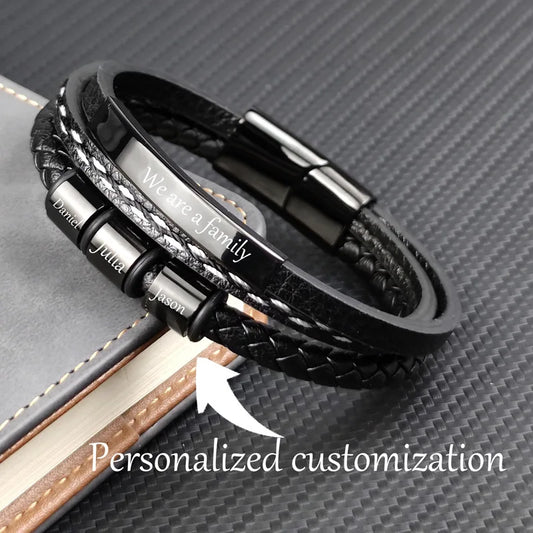 Bracelet en corde de cuir pour hommes, gravure personnalisée, cadeau de fête des pères, cadeau de noël pour petit ami mari, bijoux à breloques avec nom personnalisé