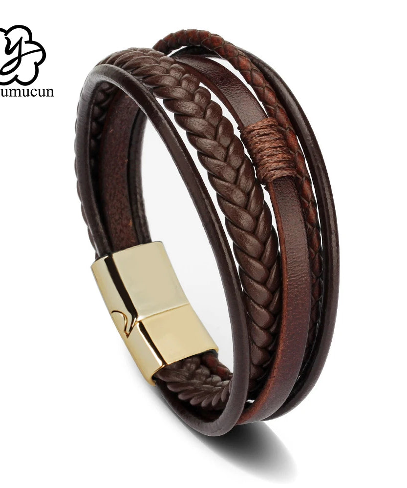 Bracelets en cuir pour hommes, en acier inoxydable, multicouches, en corde tressée, bijoux cadeaux, 21CM