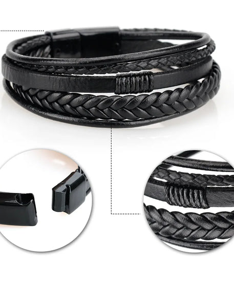Bracelets en cuir pour hommes, en acier inoxydable, multicouches, en corde tressée, bijoux cadeaux, 21CM