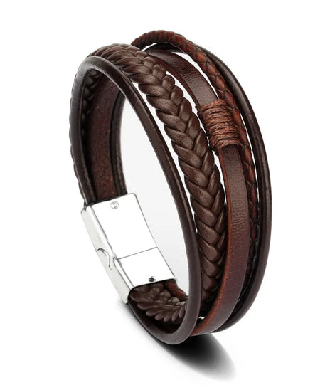 Bracelets en cuir pour hommes, en acier inoxydable, multicouches, en corde tressée, bijoux cadeaux, 21CM