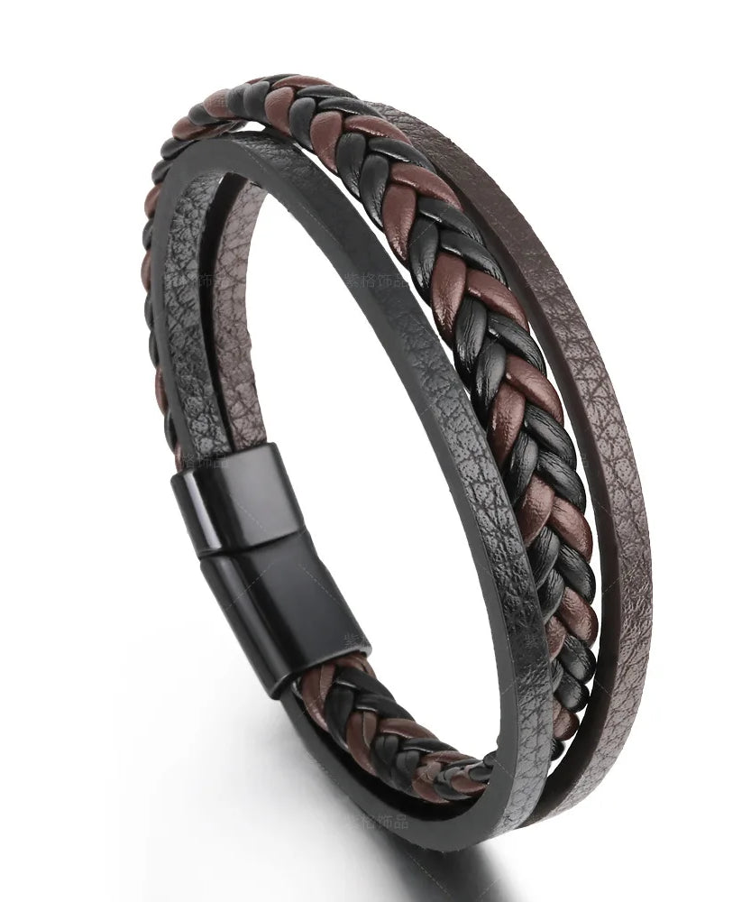 Bracelets en cuir pour hommes, en acier inoxydable, multicouches, en corde tressée, bijoux cadeaux, 21CM