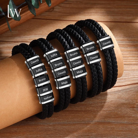 Bracelets avec nom personnalisé pour hommes, en cuir, avec noms de famille de 1 à 5 noms, cadeaux personnalisés, bijoux pour papa, mari, fils