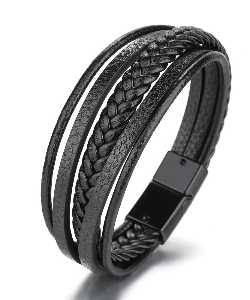 Bracelets en cuir pour hommes, en acier inoxydable, multicouches, en corde tressée, bijoux cadeaux, 21CM