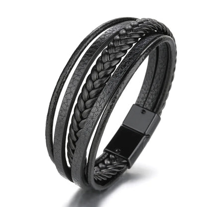 Bracelets en cuir pour hommes, en acier inoxydable, multicouches, en corde tressée, bijoux cadeaux, 21CM