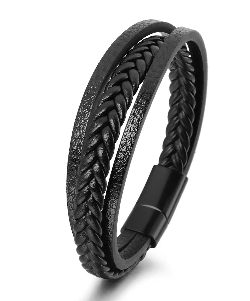 Bracelets en cuir pour hommes, en acier inoxydable, multicouches, en corde tressée, bijoux cadeaux, 21CM