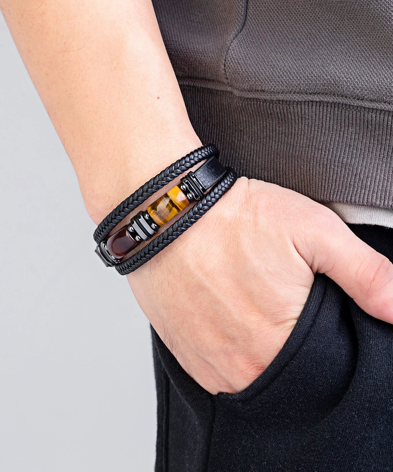 Bracelet cuir Homme "DOUBLE STONE"