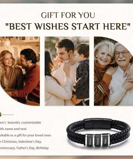 Bracelets avec nom personnalisé pour hommes, en cuir, avec noms de famille de 1 à 5 noms, cadeaux personnalisés, bijoux pour papa, mari, fils
