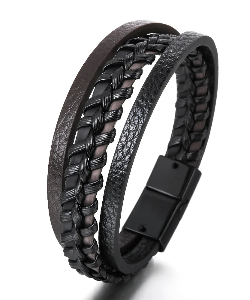 Bracelets en cuir pour hommes, en acier inoxydable, multicouches, en corde tressée, bijoux cadeaux, 21CM