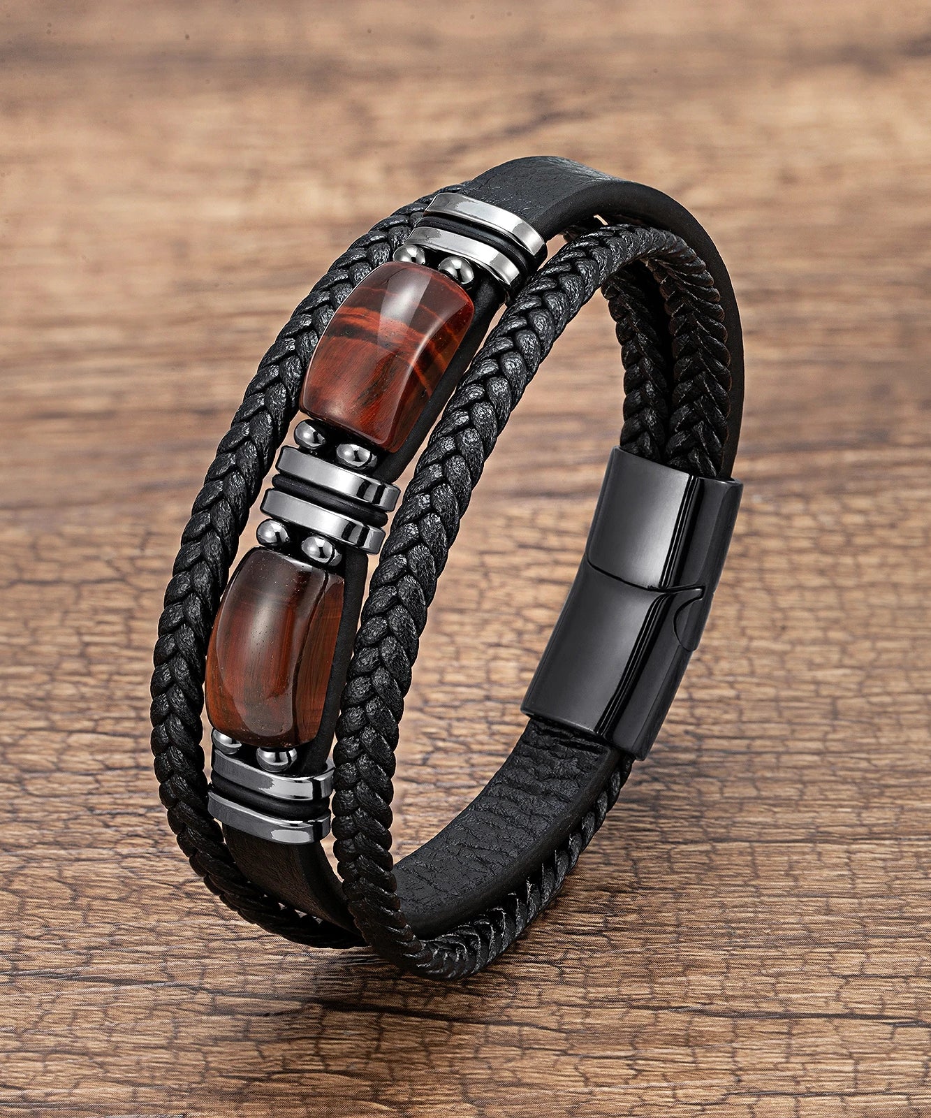 Bracelet cuir Homme "DOUBLE STONE"