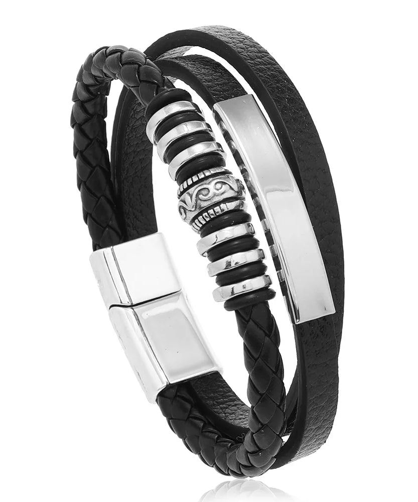 Bracelets en cuir pour hommes, en acier inoxydable, multicouches, en corde tressée, bijoux cadeaux, 21CM