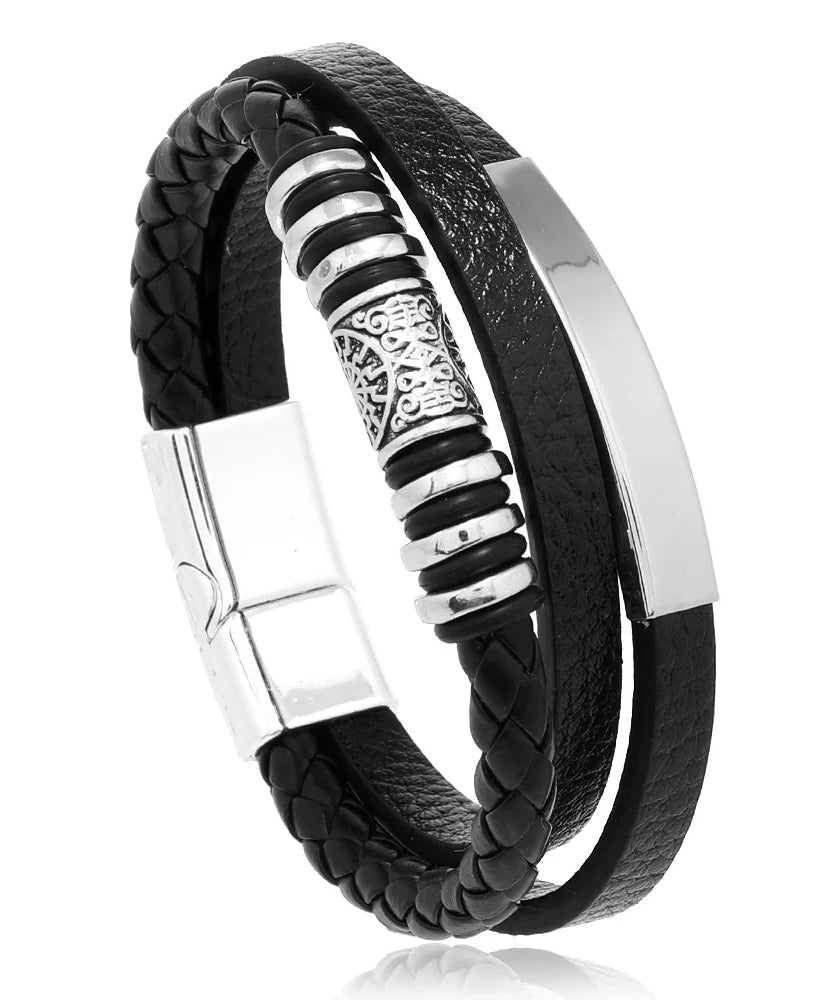 Bracelets en cuir pour hommes, en acier inoxydable, multicouches, en corde tressée, bijoux cadeaux, 21CM