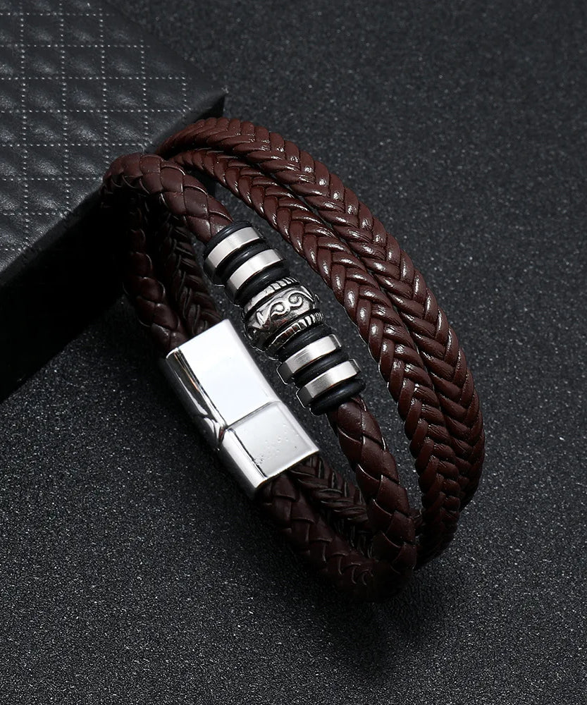 Bracelets en cuir pour hommes, en acier inoxydable, multicouches, en corde tressée, bijoux cadeaux, 21CM