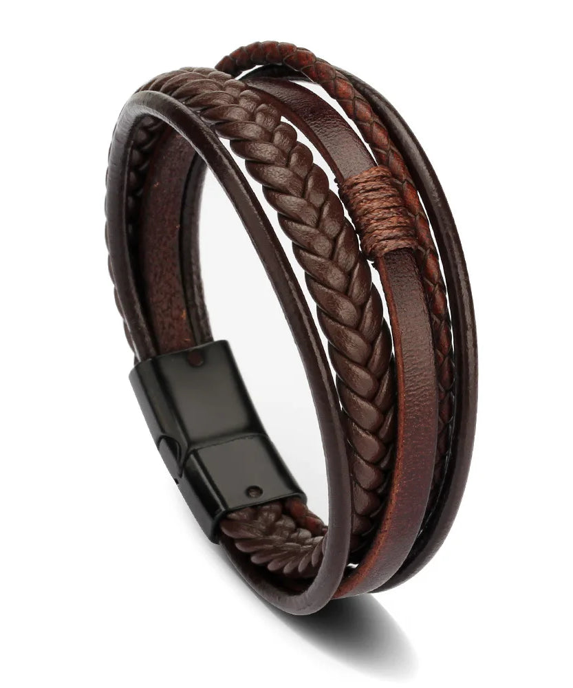 Bracelets en cuir pour hommes, en acier inoxydable, multicouches, en corde tressée, bijoux cadeaux, 21CM