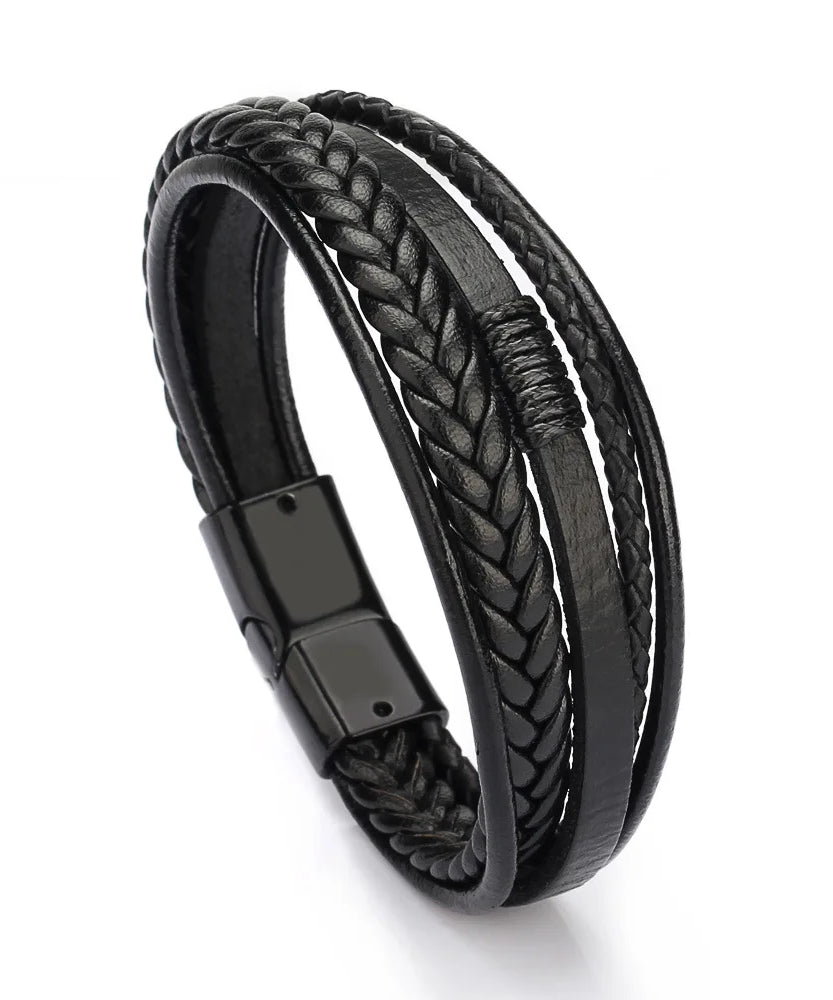 Bracelets en cuir pour hommes, en acier inoxydable, multicouches, en corde tressée, bijoux cadeaux, 21CM