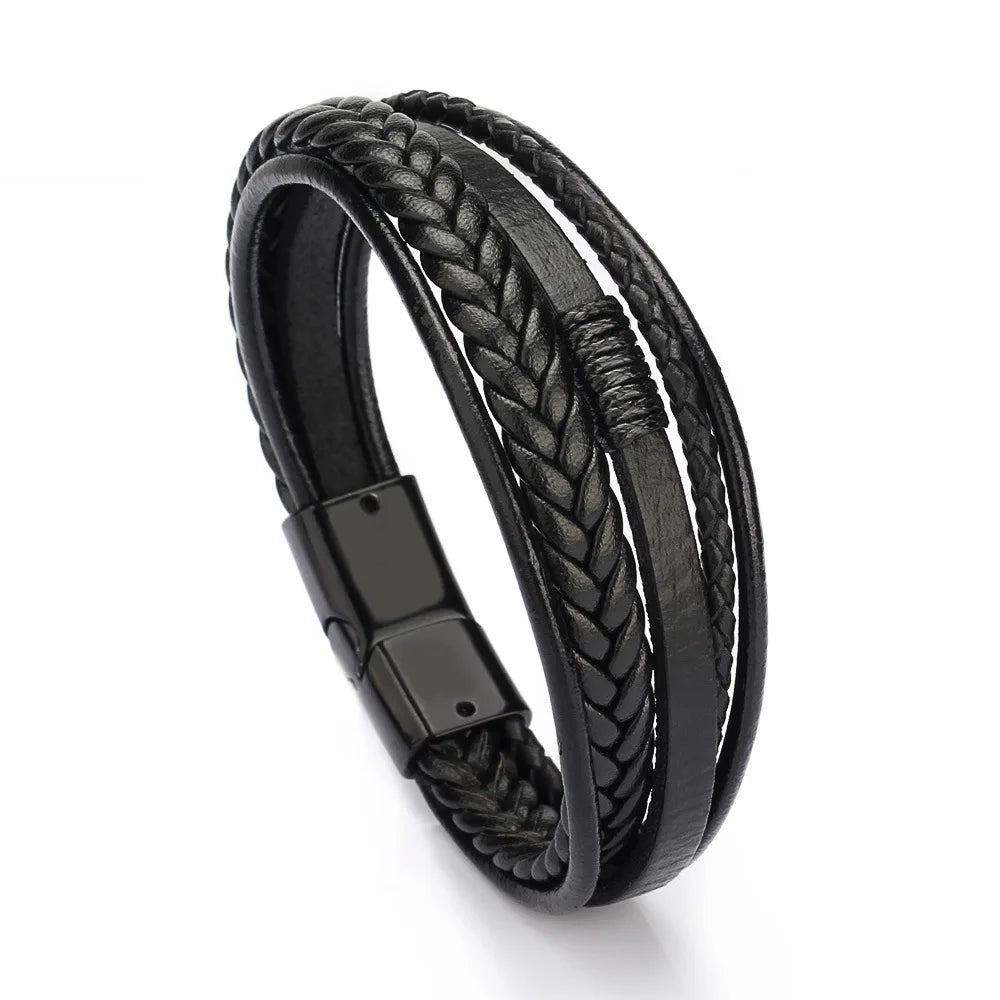 Bracelets en cuir pour hommes, en acier inoxydable, multicouches, en corde tressée, bijoux cadeaux, 21CM