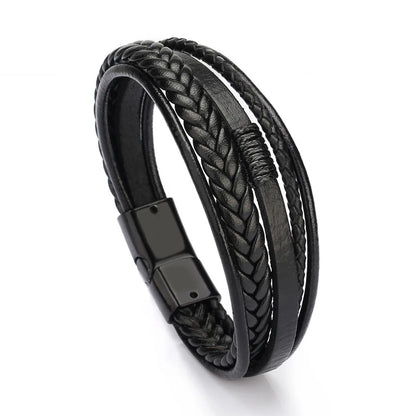 Bracelets en cuir pour hommes, en acier inoxydable, multicouches, en corde tressée, bijoux cadeaux, 21CM