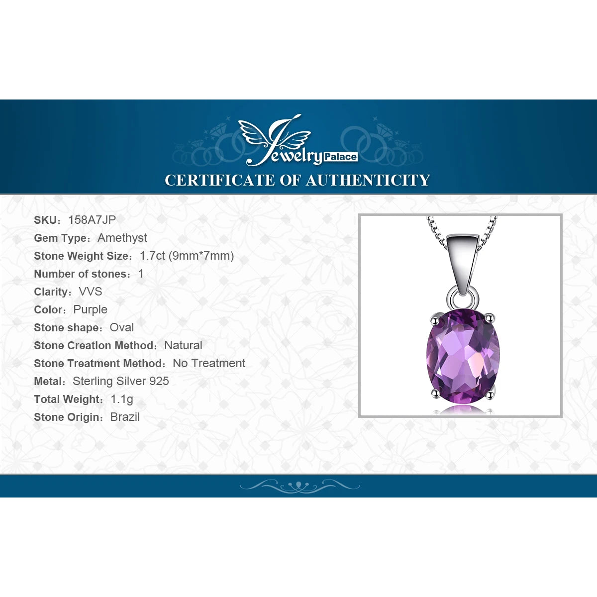 Collier ARGENT FEMME "AMETHYSTE" SANS CHAINE