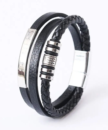 Bracelets en cuir pour hommes, en acier inoxydable, multicouches, en corde tressée, bijoux cadeaux, 21CM